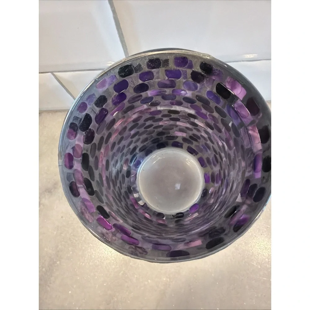 Stunning Vtg Iridescent Purple GLASS MOSAIC HURRICANE LAMP/candle Holder GW993 - Picture 6 of 10